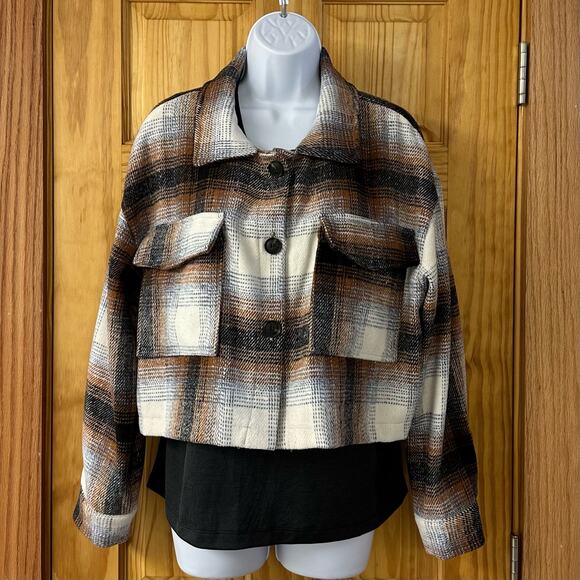 Elan Women’s Sz M Plaid Pattern Short Jacket, Pockets, Blue, Brown, Tan & Cream - Picture 5 of 15